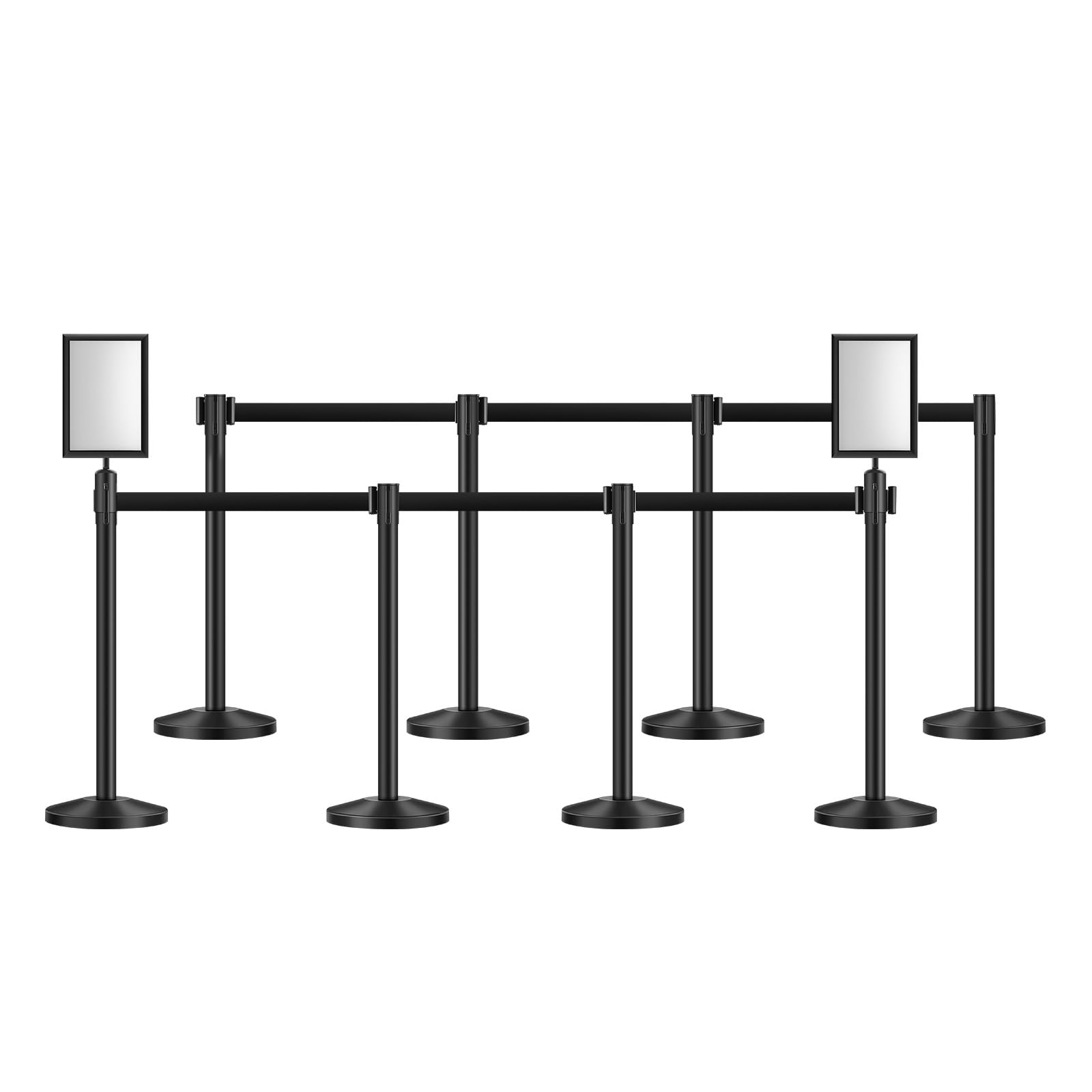 VEVOR 8 PCS Poste de Estaca de Acero al Carbono de 2 m con Base Hueca de Inyección de Arena, Cinturones Retráctiles Negros y 2 Soportes para Letreros, Negro