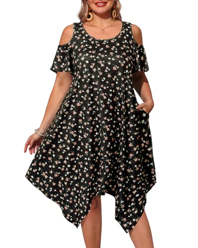 Image of Pinup Fashion Plus Size Summer Sundress Casual Flowy Cold Shoulder Dress