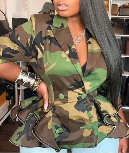 Sexyshine Women's Double Breasted Camouflage Jacket Long Sleeve Notch Lapel Camo Blazer Jackets Ruffle Tiered Peplum Coat4