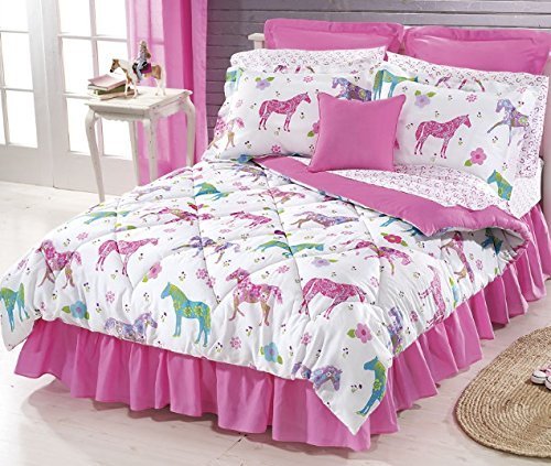 10pc Full Size Pink Pony Horse Room Ensemble (Comforter, Sheet Set, Toss Pillow and Window Valance) Girls Western Bed in a Bag