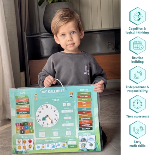 Image of My Daily Calendar & Clock for Kids (Ages 3-7) | Reusable Learning Board with Stickers | Teach Time, Days, Months, Weather & Routines