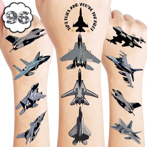 96PCS Fighter Jet Temporary Tattoos – Military Aircraft Birthday Party Decorations, Airplane Theme Favors, Party Supplies, Stickers for Kids Boys Girls Gifts & School Rewards