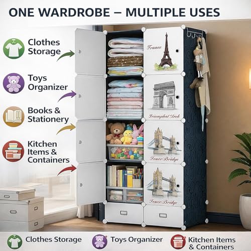 Image of 8 Door Kids Cartoon Wardrobe Storage Cabinet - DIY Modular Clothes Organizer with Hanging Cartoon Design Wardrobe with Multi for Bedroom, Living Room,Entryway (Black, 8-Door)