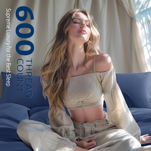 Shilucheng 100% Cotton Queen Size Duvet Covers - 600 Thread Count, Luxury Sateen Weave Egyptian Cotton Comforter Cover with Zipper Closure & Corner Ties,Hotel Bedding Duvet Covers 3 Piece (Navy Blue)
