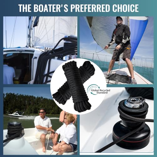 Image of 2 Pack 1 /2 inch x 35' Boat Dock Lines, Improved Double Braided Nylon Boat Ropes for Docking with 12 inch Loop,Hurricane-Resistant Grade Marine Rope for Sailboats,Pontoons,Fishing Boats, Black