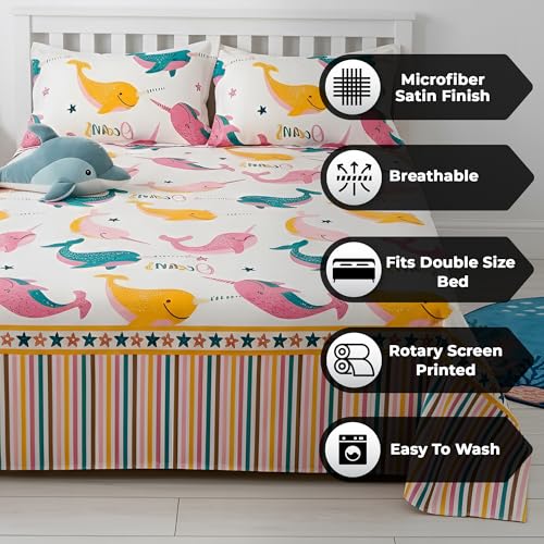 Image of Story@Home Kids Double Bed Bedsheet Set - 180 TC Cotton Blend, Bubbly Buddies Design in Baby Pink & Yellow- 225 x 250 cm with 2 Pillow Covers - Soft Bedding for Boys & Girls | Kids Bedsheet for Double