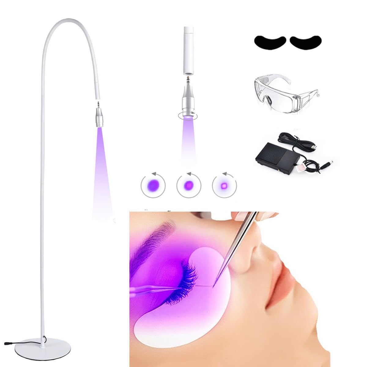 UV Wimpern Lampe + Augenklappe + Schutzbrille + Fußschalter, einstellbare Punktgröße, 5 W flexibler Schwanenhals,395–400 nm,Kleber in 1–3 Sekunden ausgehärtet, UV-Kleberhärtungslampe,White