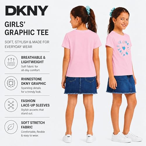 Image of DKNY Girls Shirts - Lightweight Cotton Blend Short Sleeve Crewneck Graphic Tee Cute Tops - Casual Trendy Girls Summer Clothes