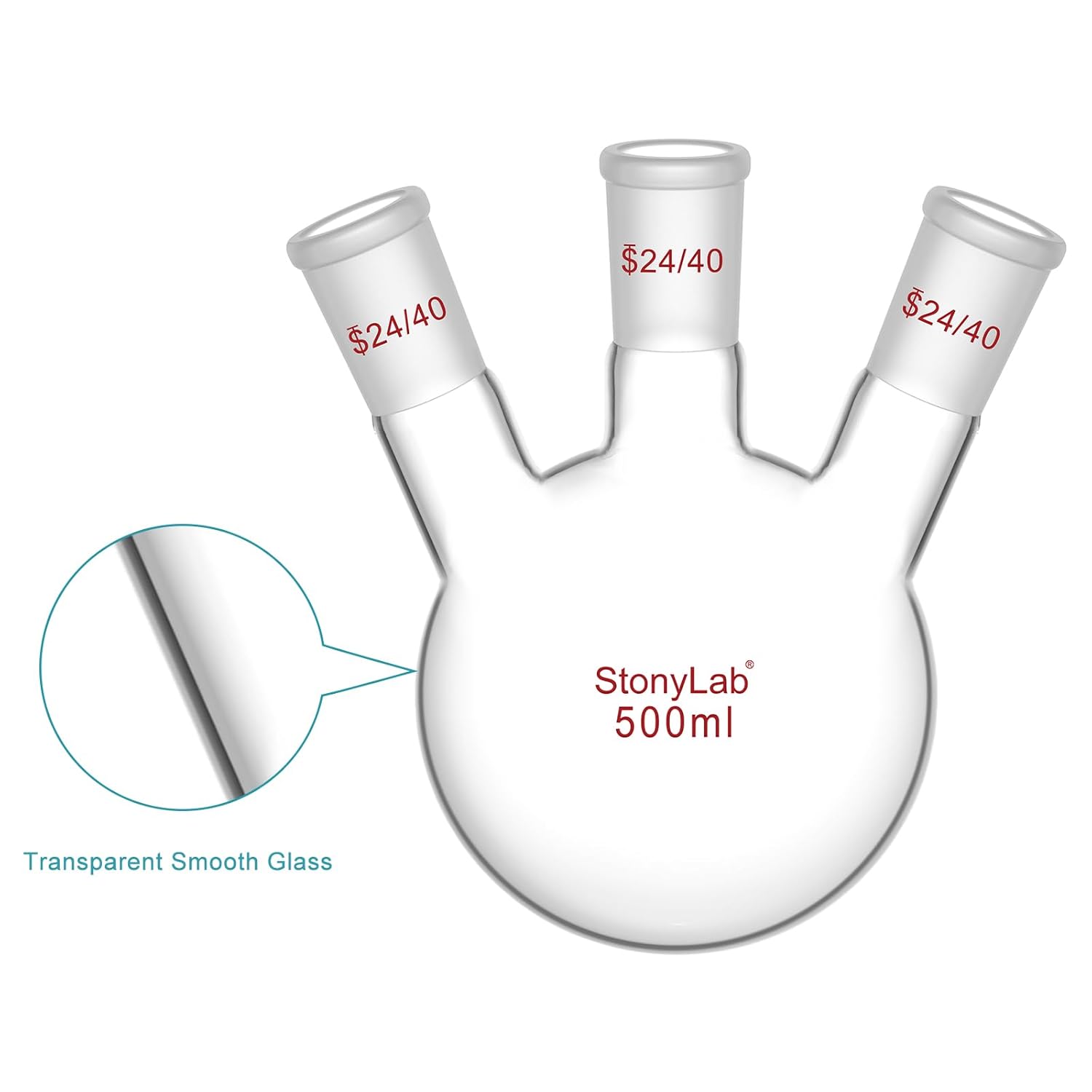 StonyLab Borosilicate Glass 3 Neck Round Bottom Flask RBF, with 24/40 Center and Side Standard Taper Outer Joint – 500ml