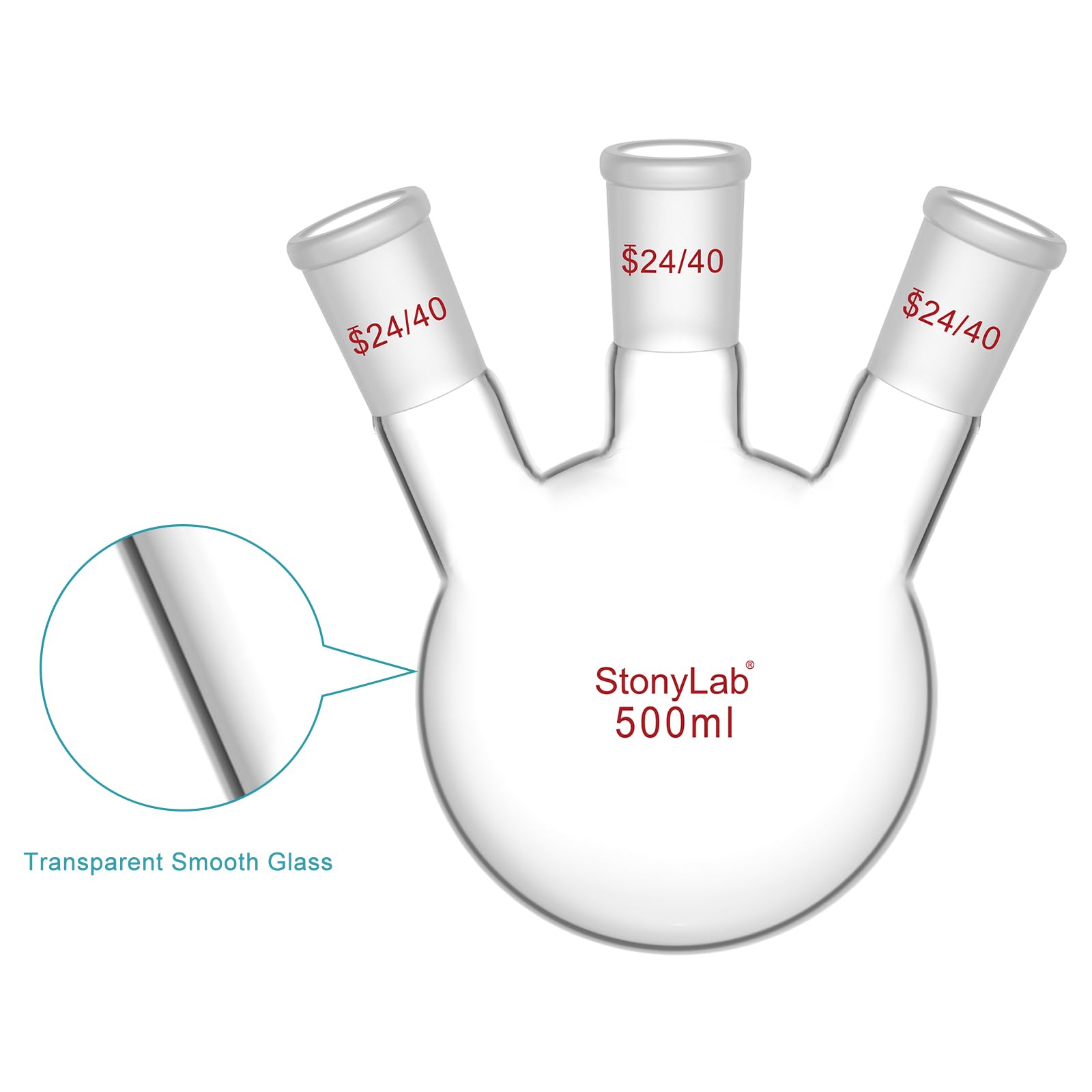 stonylab Tres-Cuello Balones de Destilación Redondo Frasco de Fondo de Borosilicato Vidrio RBF, con 24/40 Centro y Lado Cónicos Estándar Externo Joint, Frasco de Laboratorio Boiling Flask - 500ml