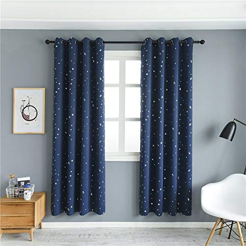 MANGATA CASA 2 Panels Blackout Curtains with Night Sky Twinkle Star for Kids Room, Thermal Insulated Grommet Bedroom Drapes(Navy,52x63in)