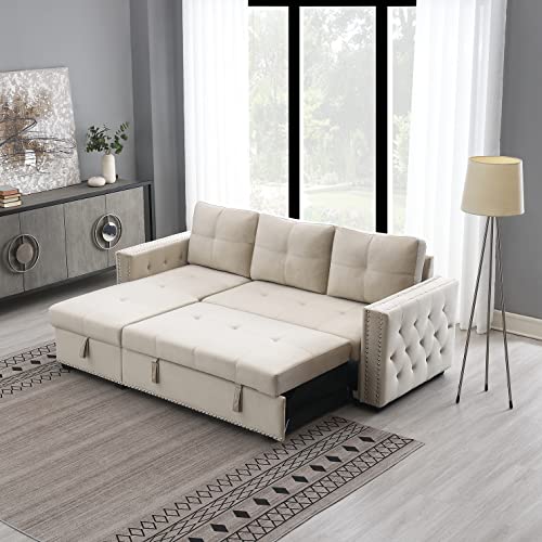 Morden Fort Velvet Reversible Sleeper Sectional Sofa L-Shape 3 Seat Sectional Couch With Storage-Beige #TOP3