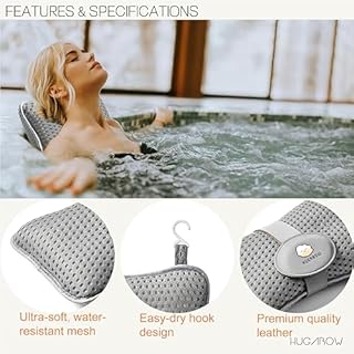 HUGABOW 2-Pack Large Pillow for Hot Tub (Grey), Spa, and Chaise Lounge - Universal Headrest & Neck Support Cushion, Adjustable Height with Long Strap, Easy Drying with Hook (2-Pack)
