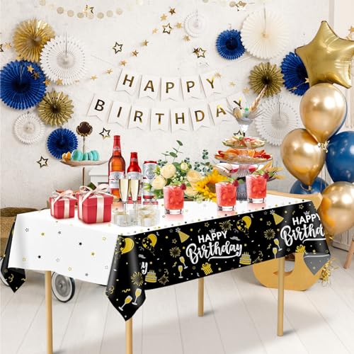Evyienen 2 Pcs Happy Birthday Plastic Tablecloths 54 X 108 Inch Disposable Black Gold Birthday Party Decorative Table Cover For Kids, Adults Birthday Party Supplies  thumb #6