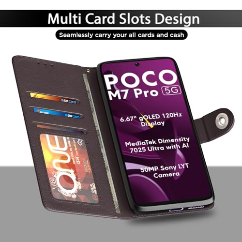 Image of Pikkme Flip Cover Leather Finish | Inside TPU with Card Pockets | Wallet Stand and Shock Proof | Complete Protection Button Flip Case for Poco M7 Pro 5G(Coffee)