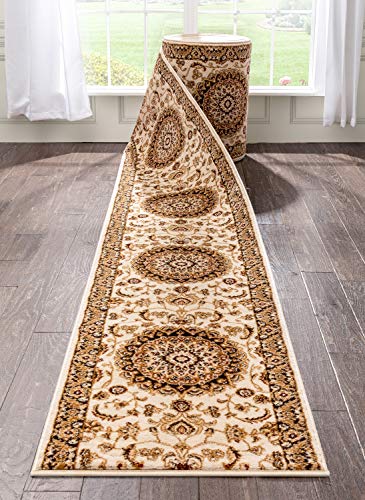 Custom Size Runner-Choose Your Length-Delos Ivory-Traditional Oriental Floral Medallion-27 Inch Wide x 45 Feet Long Runner (27