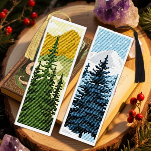 Image of ACRNIGHEET 6PCS Cross Stitch Bookmark Kit for Beginner Pine Stamped Cross Stitch Kits Needlepoint Kit for Adults DIY Tassel Embroidery Bookmark Kits with Instructions Craft Gift 8.5 inchx3 inch 11CT