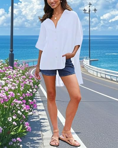 Fashionme Oversized Button Down Shirts for Women 3/4 Sleeve Flowy Ladies Tops Blouses High Low with Slits3