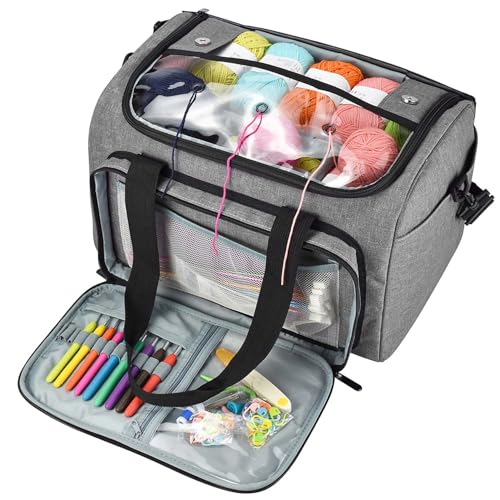 Image of Knitting Bag, Large Capacity Yarn Storage Organizer Tote Bag with Compartments and Pockets for Knitting Needles, Crochet Hooks, Knitting Project and Accessories, Bag Only, Grey