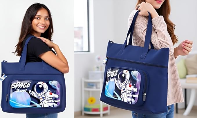 Image of Print Delight Handbag /Tuition Bag for Girls, Test Paper Book Storage Bags Kids Handmade Art Supplies Bags Tutoring Backpack Thick Waterproof Bags for Kids (Dark Blue Space Pouch Bag)