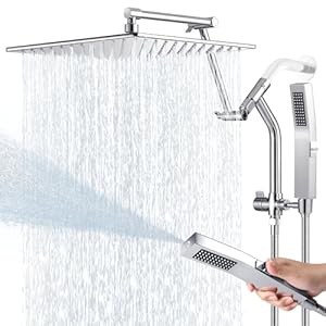All Metal 10 Inch Rain Shower Head with Handheld Built-in Power Wash Mode, High Pressure Waterfall Rainfall Square Shower Heads with 16″ Adjustable Extension Arm, Dual Showerhead(Chrome)