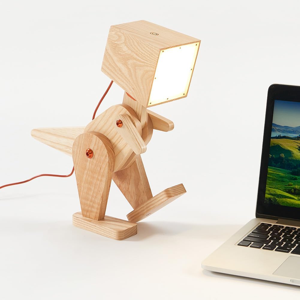 Novelty Unique Wood Dinosaur Table Lamp for Bedroom, Bedside, Kids Room - 3 Levels Dimmable Touch Control Adjustable Robot Design Natural Finish Desk Light for Living Office Farmhouse (Black)