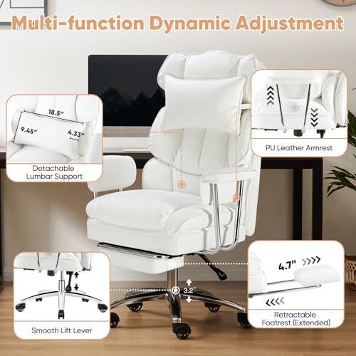 Image of Sweetcrispy Executive Home Office Desk Chair - Ergonomic Big Tall High Back with Footrest & Lumbar Support, Reclining Height Adjustable, Comfy PU Leather Computer Gaming with Swivel Wheels, White