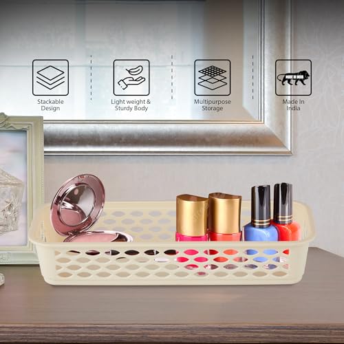 Image of RATAN PLASTICWARE Diana Tray Rectangular-Narrow (Pack of 6) Plastic| 31.9 Cm X 12.2 CmX 6.1 Cm | Storage for Desk Basket /Organizers for Stationery, Jewellery, Tools,Kitchen, Office- Beige