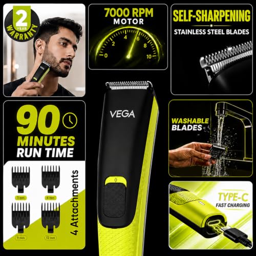 Image of VEGA Alpha Lite Beard Trimmer for Men, Self-Sharpening Blades, Trimmer for Man, 4 Comb Attachment, Up to 6 Weeks Runtime 1 Charge, USB Type-C 2X Fast Charging, 2 Yrs Warranty(VHTH-44)