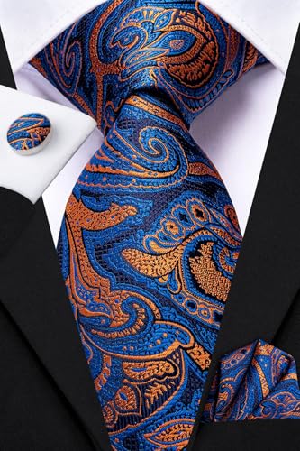 Image of Dubulle Mens Paisley Striped Tie Woven Necktie for Men and Handkerchief Cufflinks Set Wedding Formal Business