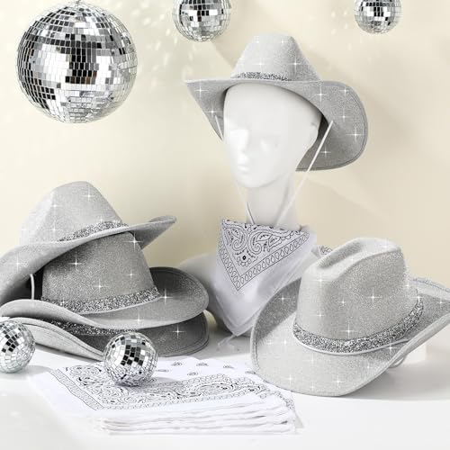 Image of Coume 12 Pcs Sparkly Adults Cowboy Hat and Bandanas Women Men Western Glitter Cowgirl Party Hats with Adjustable Drawstring