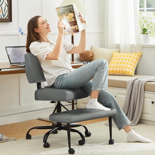 Image of Criss Cross Legged Office Chair with Wheels,Swivel Meditation Chair for ADHD,Ergonomic Cross Legged Desk Chair with Thicken Adjustable Footstool,PU Sitting Fidgeting Kneeling Chair for Home Yoga Grey