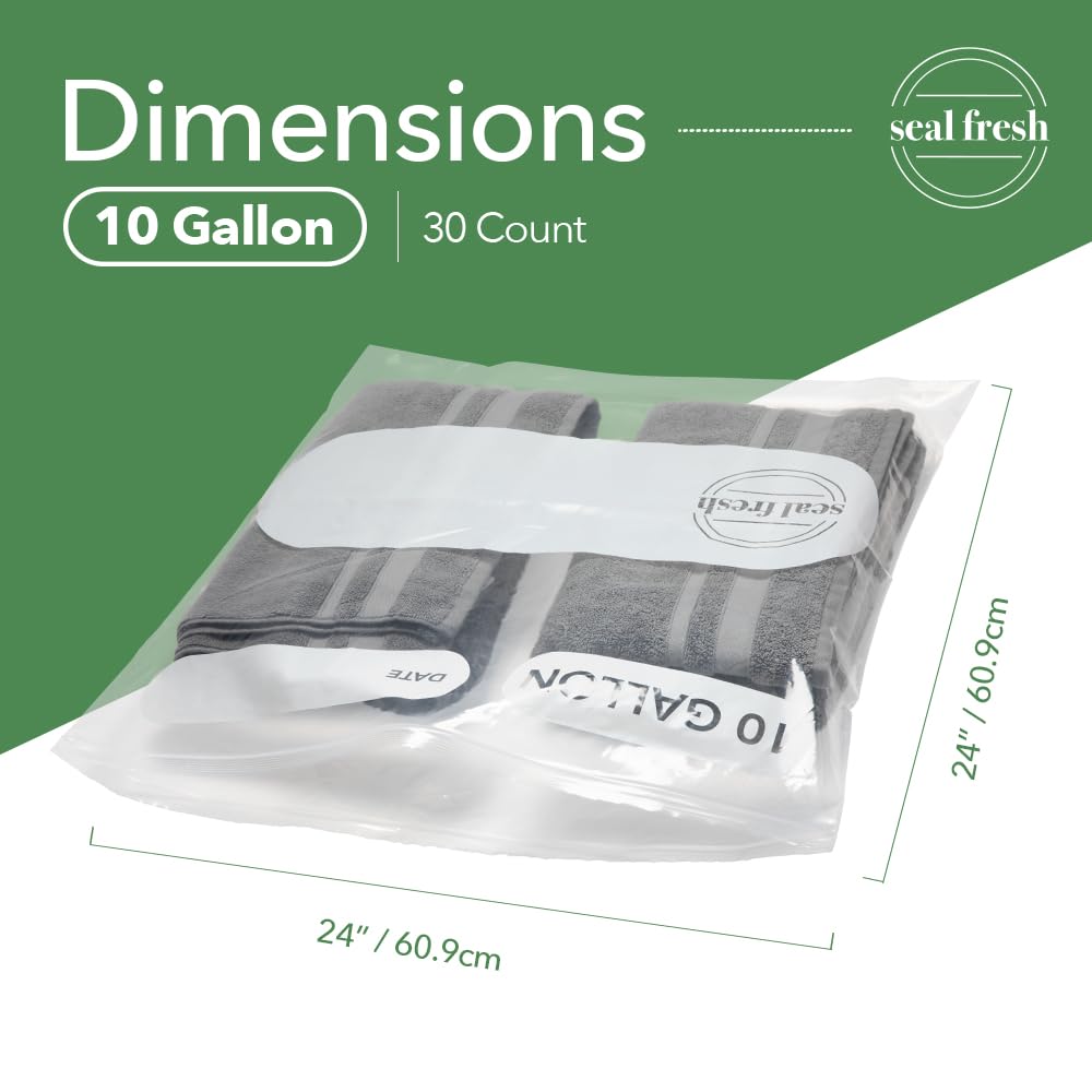 Seal Fresh Bolsas de almacenamiento de plástico grandes de 10 galones, 24 x 24 pulgadas (30 unidades) – Bolsas reutilizables XXL extra grandes y resistentes transparentes con cierre de cremallera para