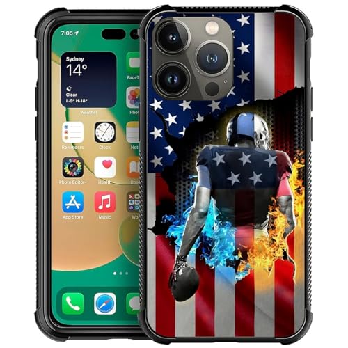 DJSOK Compatible with iPhone 14 Pro Max Case，Design Pattern Back Bumper Anti Scratch Reinforced Corners Soft TPU Caver,Cases for Men Women-Ice and Fire Rugby Football American Flag
