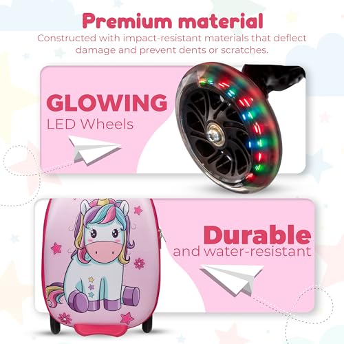 Unicorn Ride-On Scooter Suitcase for Kids - Fun Travel Companion Luggage with Built-in Scooter, LED Wheels, and Carry-On Design for Girls Ages 5-12 - Foldable, Lightweight, Durable2