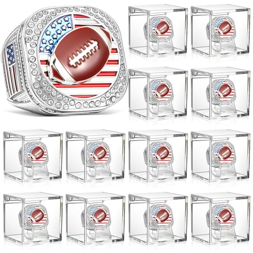 Landical 12 Set Football Championship Ring with Display Case and Stand Holder Championship Ring Box Acrylic Display Case and Holder Champion Trophy Rings for League Winner(Silver)