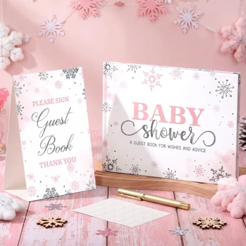 Image of Fuyoooo 27 Pcs Pink Snowflake Baby Shower Guest Book with Pen