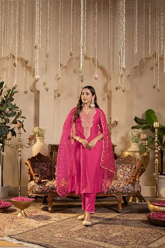 Image of INDO ERA Women's Liva Red Paisley Embroidered Sequinned Straight Kurta & Pant with Dupatta Set