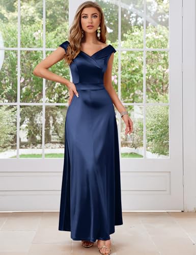 Women's Vintage 1950s V Neck Satin Cocktail Bridesmaid Floor Length Dress3
