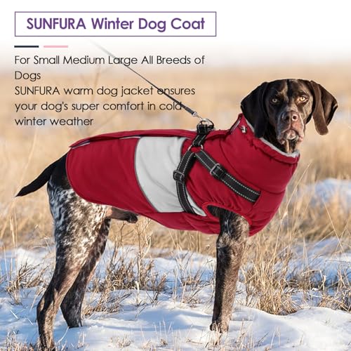 Image of Dog Winter Coat, Waterproof Dog Coat Jacket with Harness for Medium Dogs Boys Girls, Reflective Fleece Lined Pet Snow Jacket Sweaters for Pug, Jack Russel, Boston Terrier, Burgundy M