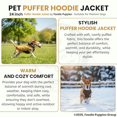 Image of Foodie Puppies Dog Puffer Hoodie Warm Winter Jacket - (Yellow Olive, 24 Inch) for Medium Sized Dogs | Ultra Warm Waterproof & Windproof Fur Coat | Washable Pet Vest Apparel for Cold Weather