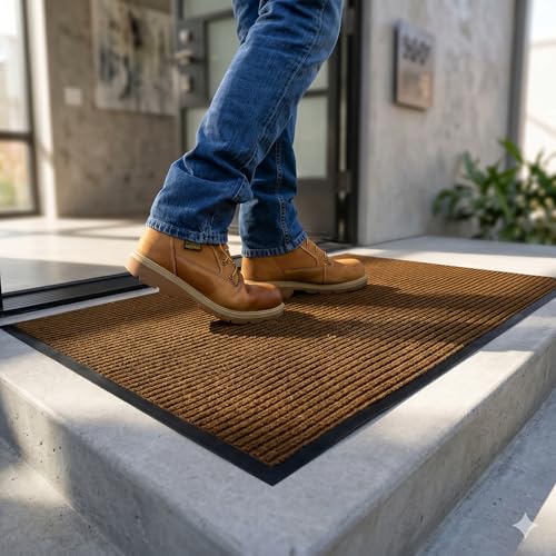 Image of Front Door Mat Indoor Outdoor Entrance, 2 x 3 Feet All-Season Waterproof Doormat for Entryway, Heavy Duty Commercial Floor Mat, Fade Resistant, Rubber Back, Low Profile, Easy Clean, Brown