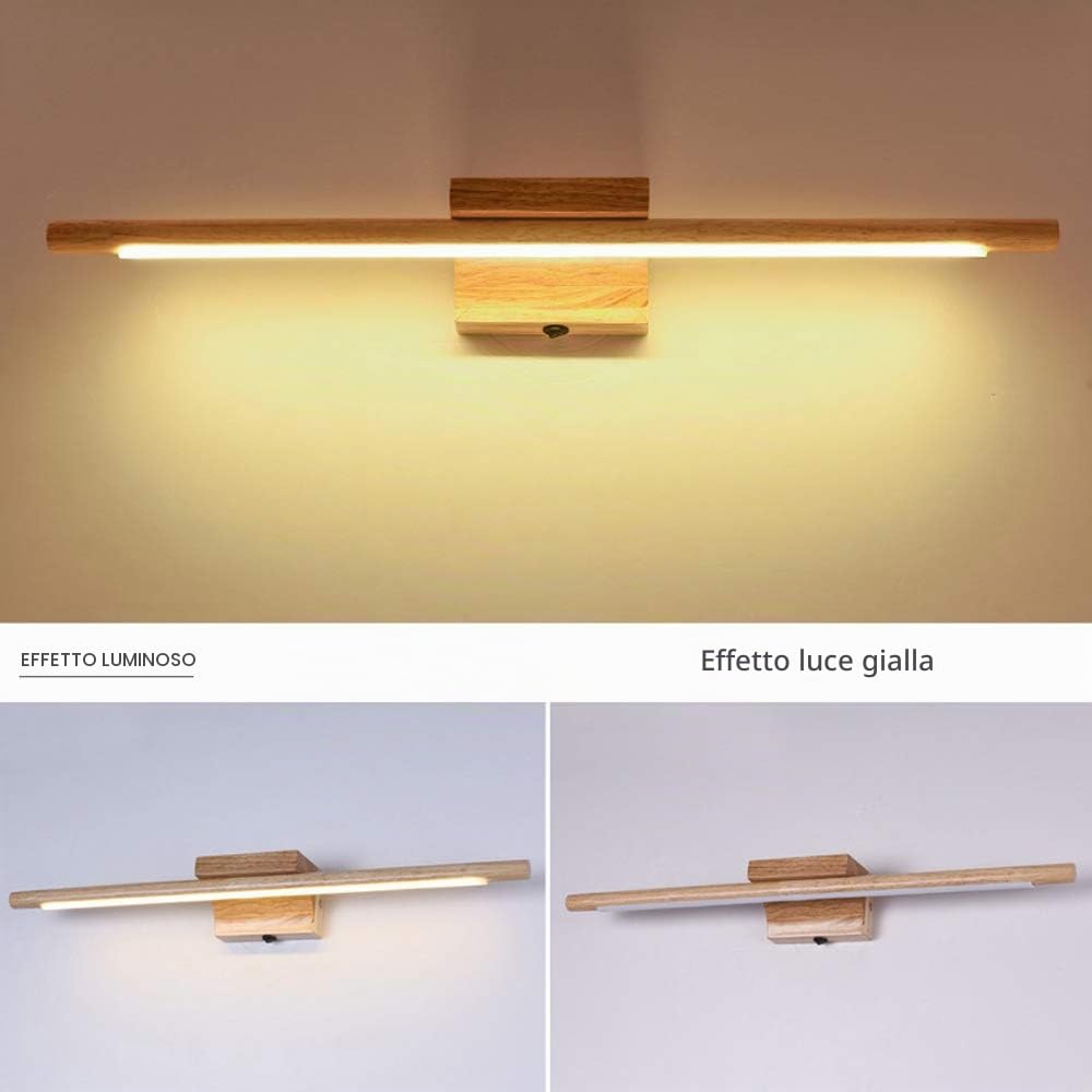 Lampada da Specchio LED 60cm, Applique da Parete in Legno per Bagno, Luce Senza Sfarfallio per Trucco e Armadio, Warm Light