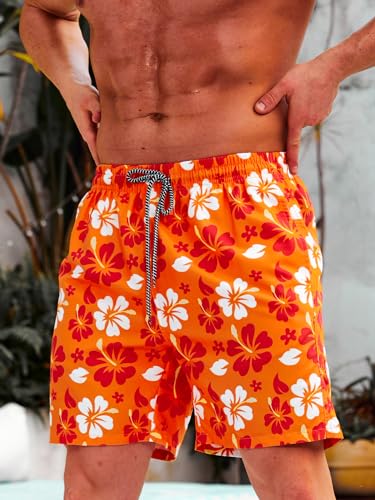 Verdusa Men's Floral Print Drawstring Elastic Waist Swim Trunks Summer Beach Shorts3