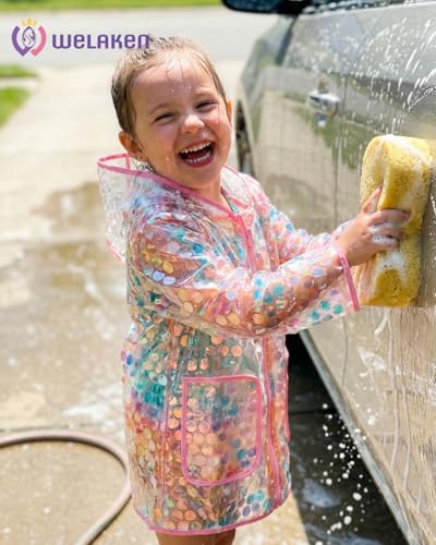 Image of WELAKEN Girls Sequin Raincoat Waterproof Reusable Hooded Outwear Rain Jacket with Lining,rainbow,6-7Y