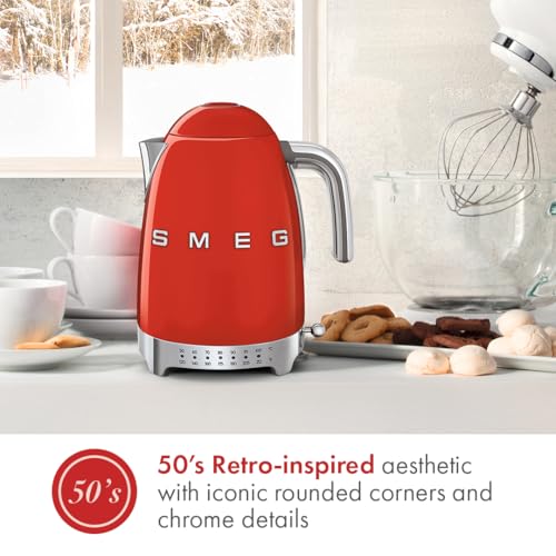 Image of SMEG Variable Temperature Electric Kettle 1.7L (7 Cup), Stainless Steel Tea & Coffee Kettle, Fast Boil, Adjustable Temp 122F-212F, Keep Warm, Auto Shut-Off, 360 Base, Retro Style-Red