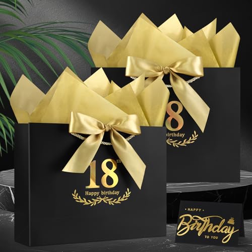 Image of JMANNI Black Gold 18th Birthday Gift Bag with Card and Tissue Paper, 12.6 inchx9.84 inchx3.9 inch Elegant Present Bag for Adults, 18 Year Old Birthday Keepsake Party Supplies