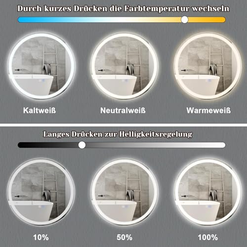 Mursche Spiegel Bad Badezimmerspiegel mit Beleuchtung - LED Badspiegel Rund 70cm Wandspiegel Badezimmer Dimmbar 3000K-6500K mit Touch-Schalter und Entfogger-Funktion 4
