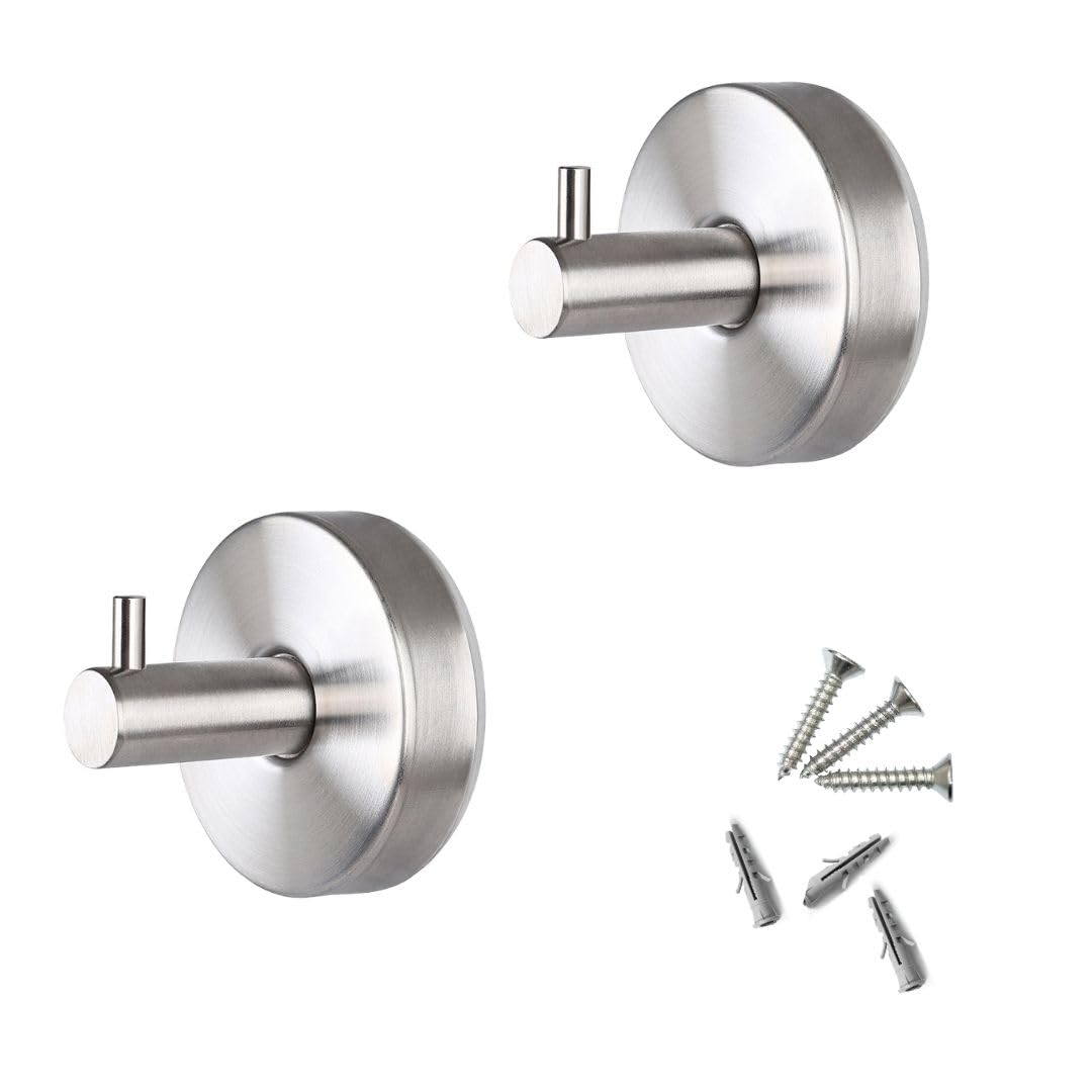 Gancho Pared Baño | Colgadores Toalla Acero Inoxidable 304 | Colgador Albornoz | Taladro Pared Cocina | Tornillos Incluido | Regalo 1 Ventosa | 2 Piezas. (2, PLATA)