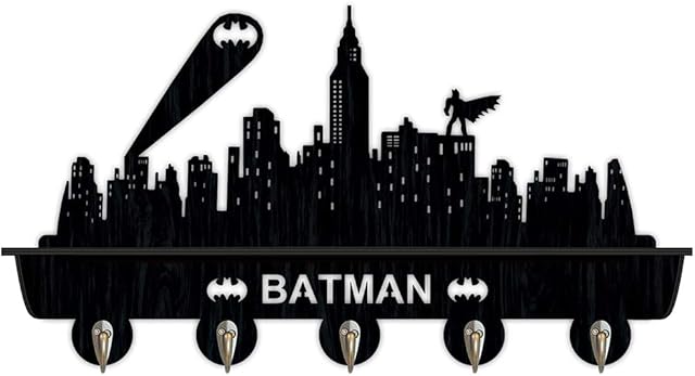 FANCYLIFE Awesome Batman Wall Mounted Wooden Key Hook Coat Rack,Farmhouse Mounted Coat Rack and Upper Shelf for Storagewith 5 Dual Vintage Durable Metal Hooks